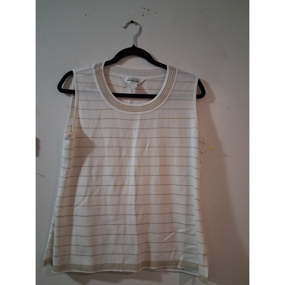 Misook Womens Cream Gold Metallic Striped Sleeveless Knit Shell Top Large